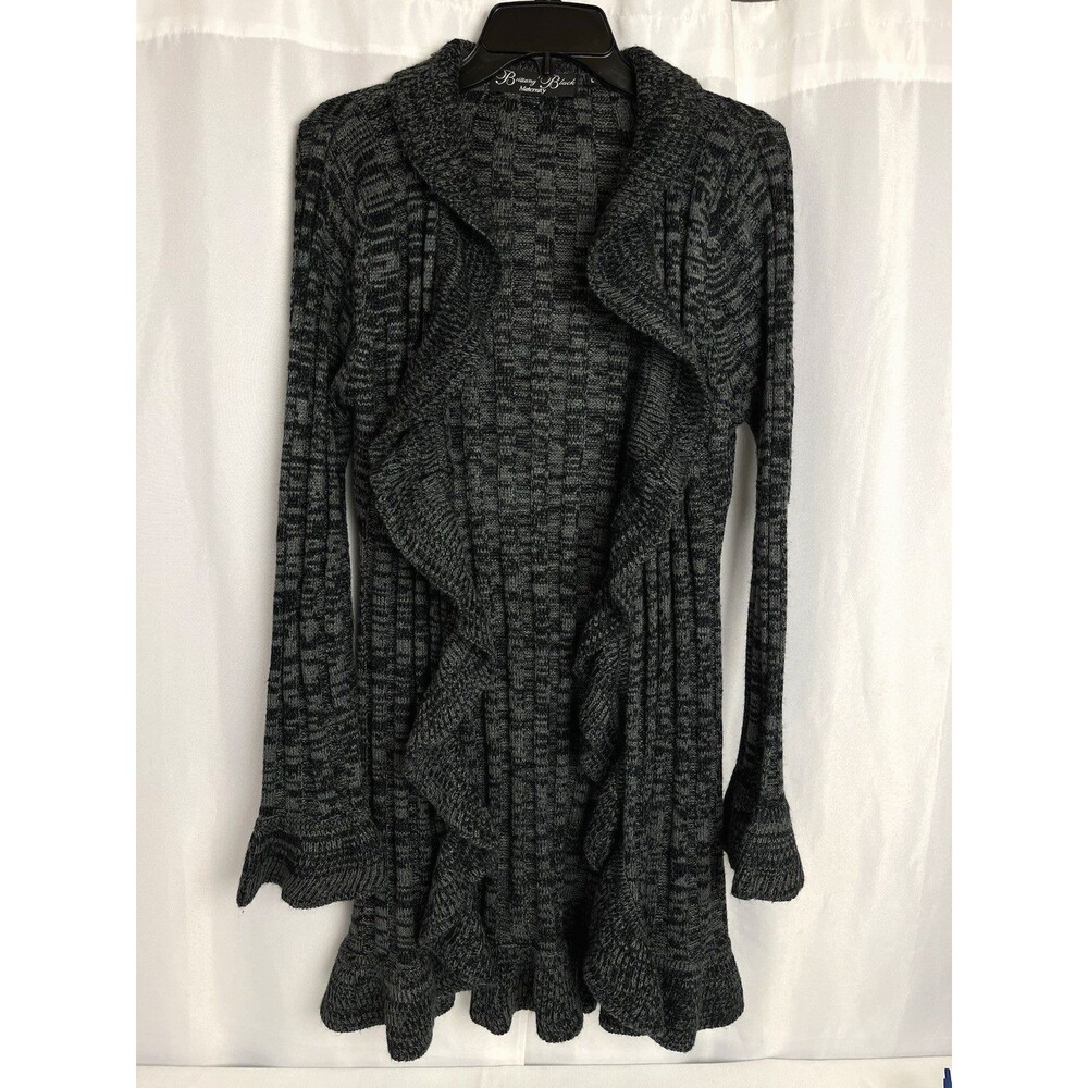 Brittany Black Large Black Gray Maternity Ruffle Waterfall Cascade Cardigan